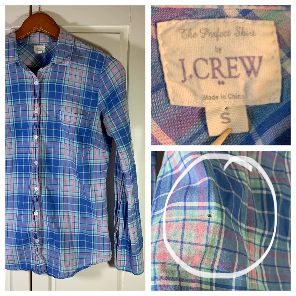 J. Crew Perfect Shirt Womens Blue Pink Green Plaid Button Down Casual Size S‎